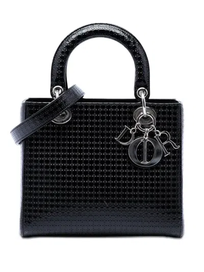 Pre-owned Dior 2016 Medium Metallic Patent Microcannage Lady  Satchel In Black