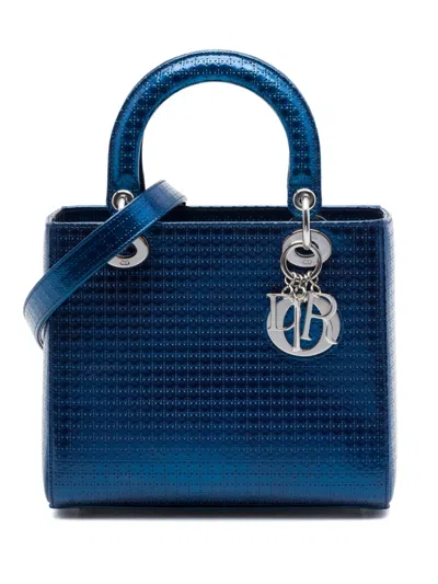 Pre-owned Dior 2016 Medium Metallic Patent Microcannage Lady  Satchel In Blue