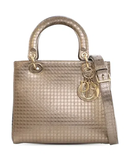 Pre-owned Dior 2016 Medium Metallic Patent Microcannage Lady  Satchel In Gold