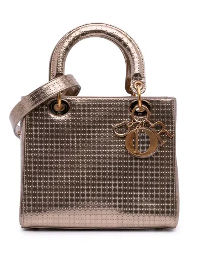 Pre-owned Dior 2016 Medium Metallic Patent Microcannage Lady  Satchel In Gold