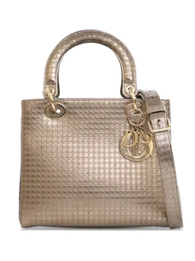 Pre-owned Dior 2016 Medium Metallic Patent Microcannage Lady  Satchel In Gold