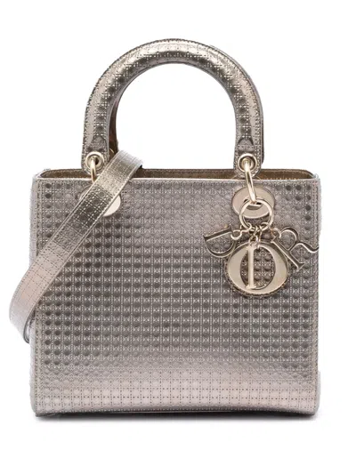 Pre-owned Dior 2016 Medium Metallic Patent Microcannage Lady  Satchel In Gold
