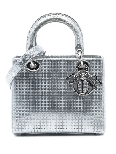 Pre-owned Dior 2016 Medium Metallic Patent Microcannage Lady  Satchel In Silver