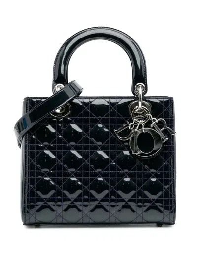 Pre-owned Dior 2016 Medium Patent Cannage Lady  Satchel In Blue