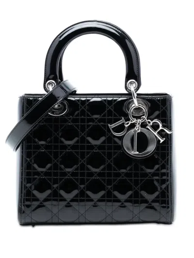 Pre-owned Dior 2016 Medium Patent Cannage Lady  Satchel In Black