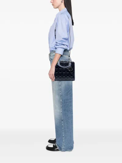 Pre-owned Dior 2016 Medium Patent Cannage Lady  Satchel In Blue