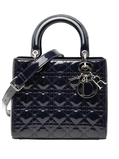 Pre-owned Dior 2016 Medium Patent Cannage Lady  Satchel In Blue