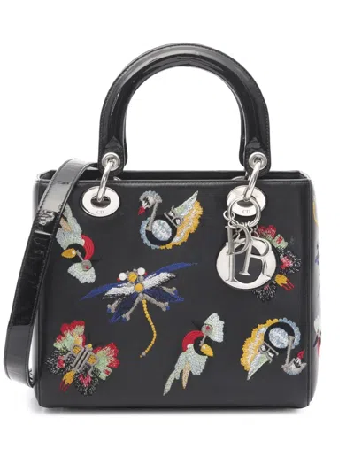 Pre-owned Dior 2016 Medium Smooth Calfskin Embroidered Beaded Animals Lady  Satchel In Black