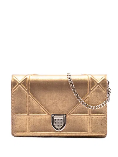 Pre-owned Dior 2016 Metallic Calfskin Ama Wallet On Chain Crossbody Bag In Gold