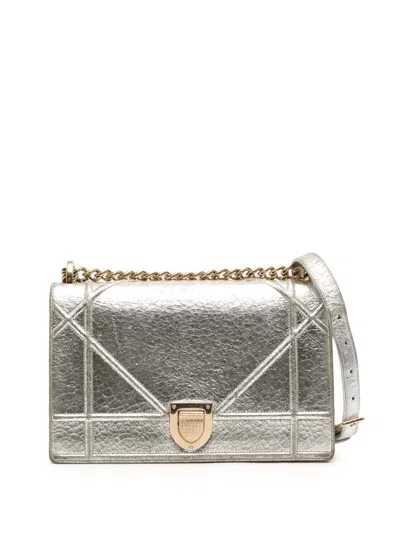 Pre-owned Dior 2016 Metallic Grained Calfskin Ama Wallet On Chain Crossbody Bag In Silver