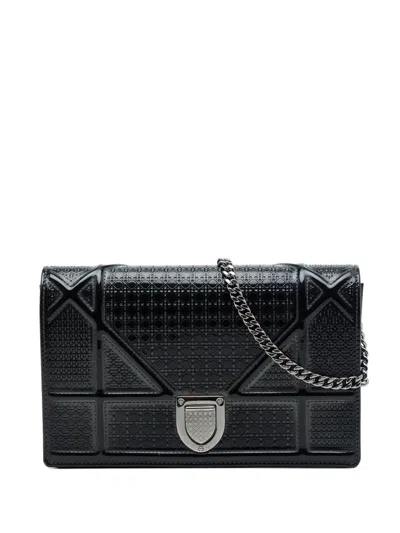 Pre-owned Dior 2016 Metallic Patent Microcannage Ama Wallet On Chain Crossbody Bag In Black
