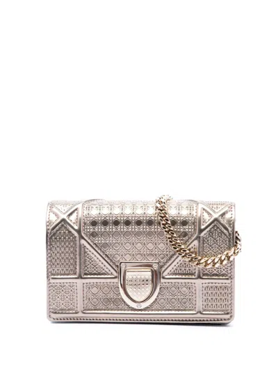 Pre-owned Dior 2016 Metallic Patent Microcannage Ama Wallet On Chain Crossbody Bag In Gold
