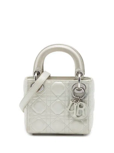 Pre-owned Dior 2016 Micro Iridescent Lambskin Cannage Lady  Satchel In Silver