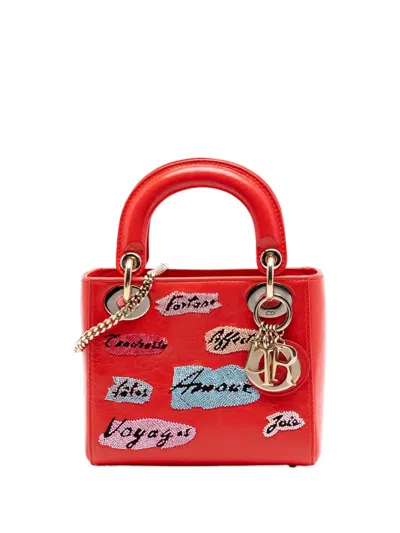 Pre-owned Dior 2016 Mini Calfskin Beaded Lady  Satchel In Red