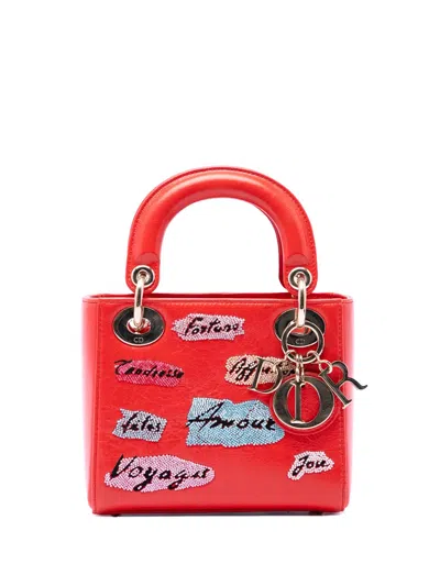Pre-owned Dior 2016 Mini Calfskin Beaded Lady  Satchel In Red