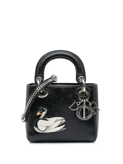 Pre-owned Dior 2016 Mini Ceramic Effect Deerskin Jeweled Swan Lady  Satchel In Black