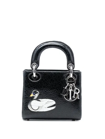 Pre-owned Dior 2016 Mini Deerskin Ceramic Effect Jeweled Swan Lady  Satchel In Black
