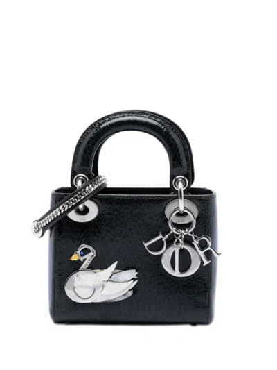 Pre-owned Dior 2016 Mini Deerskin Ceramic Effect Jeweled Swan Lady  Satchel In Black