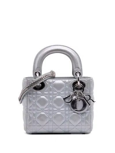 Pre-owned Dior 2016 Mini Iridescent Lambskin Cannage Lady  Satchel In Blue