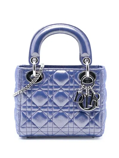 Pre-owned Dior 2016 Mini Iridescent Lambskin Cannage Lady  Satchel In Blue