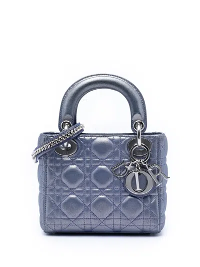 Pre-owned Dior 2016 Mini Iridescent Lambskin Cannage Lady  Satchel In Blue