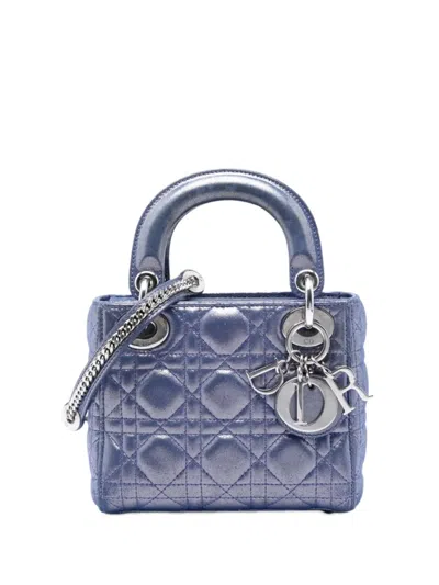 Pre-owned Dior 2016 Mini Iridescent Lambskin Cannage Lady  Satchel In Blue
