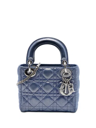 Pre-owned Dior 2016 Mini Iridescent Lambskin Cannage Lady  Satchel In Blue