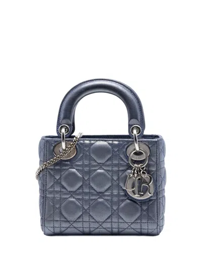 Pre-owned Dior 2016 Mini Iridescent Lambskin Cannage Lady  Satchel In Blue