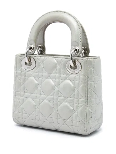 Pre-owned Dior 2016 Mini Iridescent Lambskin Cannage Lady  Satchel In Grey