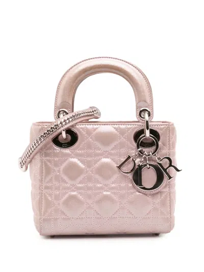 Pre-owned Dior 2016 Mini Iridescent Lambskin Cannage Lady  Satchel In Pink