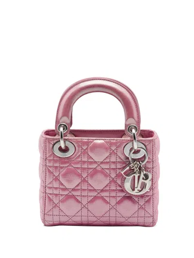 Pre-owned Dior 2016 Mini Iridescent Lambskin Cannage Lady  Satchel In Pink