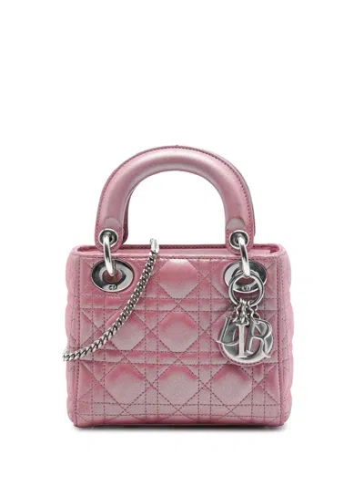 Pre-owned Dior 2016 Mini Iridescent Lambskin Cannage Lady  Satchel In Pink