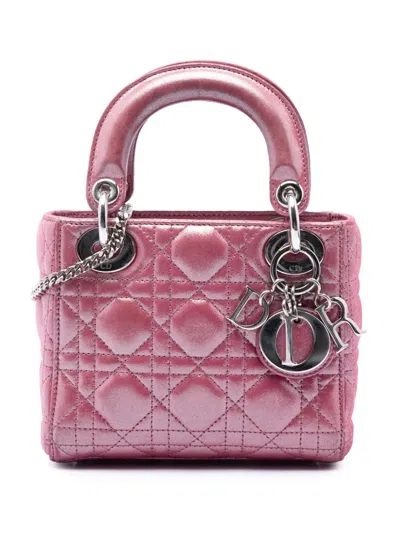 Pre-owned Dior 2016 Mini Iridescent Lambskin Cannage Lady  Satchel In Pink