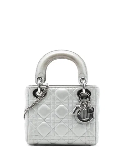 Pre-owned Dior 2016 Mini Iridescent Lambskin Cannage Lady  Satchel In Silver