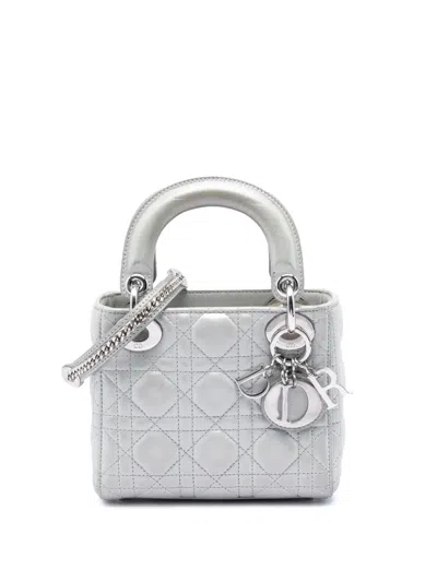 Pre-owned Dior 2016 Mini Iridescent Lambskin Cannage Lady  Satchel In Silver