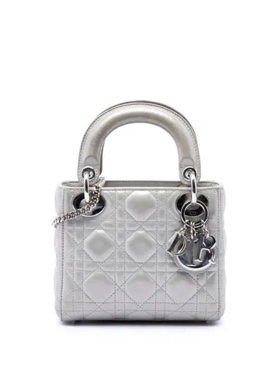 Pre-owned Dior 2016 Mini Iridescent Lambskin Cannage Lady  Satchel In Silver