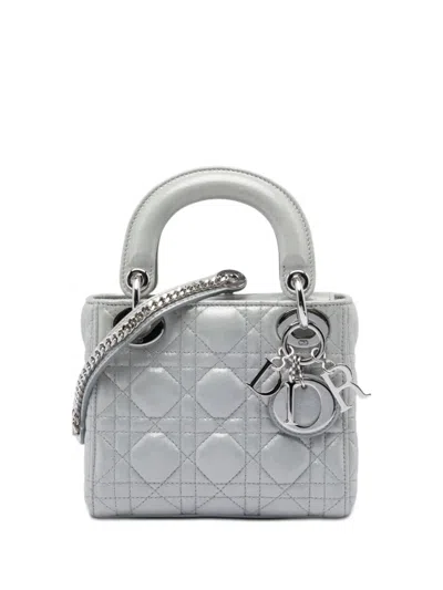 Pre-owned Dior 2016 Mini Iridescent Lambskin Cannage Lady  Satchel In Silver