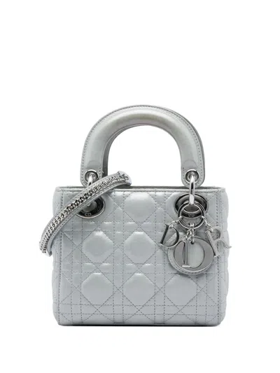 Pre-owned Dior 2016 Mini Iridescent Lambskin Cannage Lady  Satchel In Silver