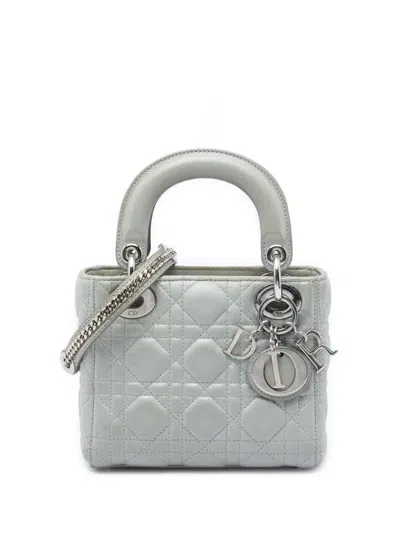 Pre-owned Dior 2016 Mini Iridescent Lambskin Cannage Lady  Satchel In Silver