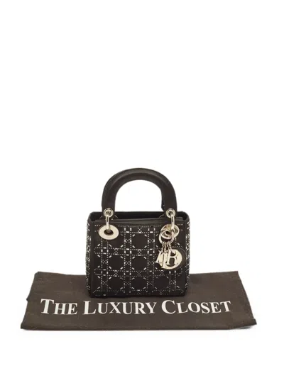 Pre-owned Dior 2016 Mini Lady  Strass-embellished Tote Bag In Black