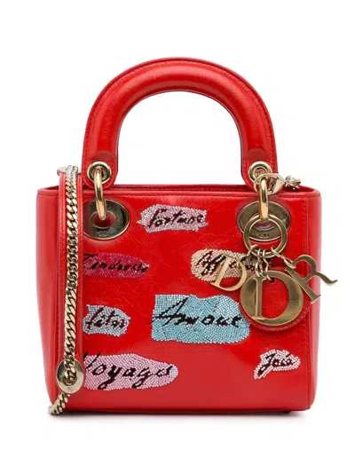 Pre-owned Dior 2016 Mini Lady Sequin-embellished Two-way Bag In Red