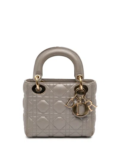 Pre-owned Dior 2016 Mini Lambskin Cannage Lady  Satchel In Gray
