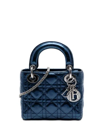 Pre-owned Dior 2016 Mini Metallic Calfskin Cannage Lady  Satchel In Blue
