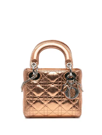 Pre-owned Dior 2016 Mini Metallic Calfskin Cannage Lady  Satchel In Brown