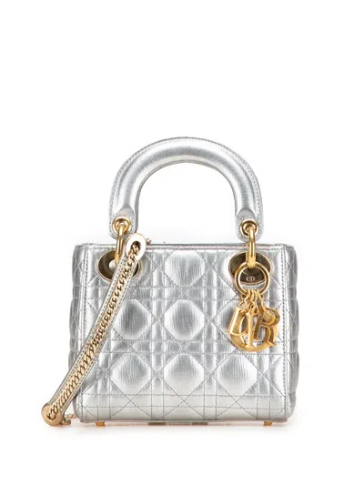 Pre-owned Dior 2016 Mini Metallic Grained Calfskin Cannage Lady  Satchel In Silver