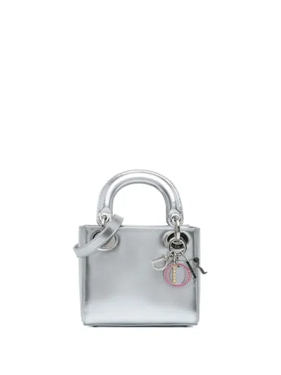 Pre-owned Dior 2016 Mini Metallic Patent Lady  Satchel In Silver