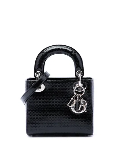 Pre-owned Dior 2016 Mini Metallic Patent Microcannage Lady  Satchel In Black