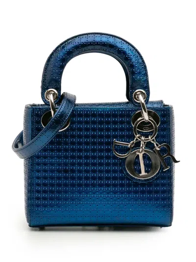 Pre-owned Dior 2016 Mini Metallic Patent Microcannage Lady  Satchel In Blue