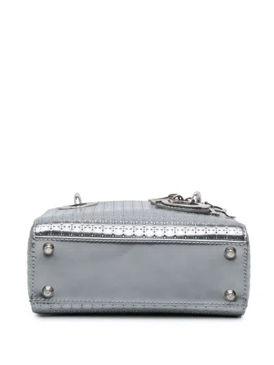 Pre-owned Dior 2016 Mini Metallic Patent Microcannage Lady  Satchel In Silver