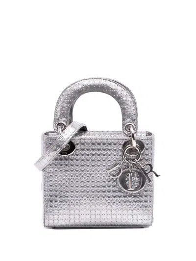 Pre-owned Dior 2016 Mini Metallic Patent Microcannage Lady  Satchel In Silver